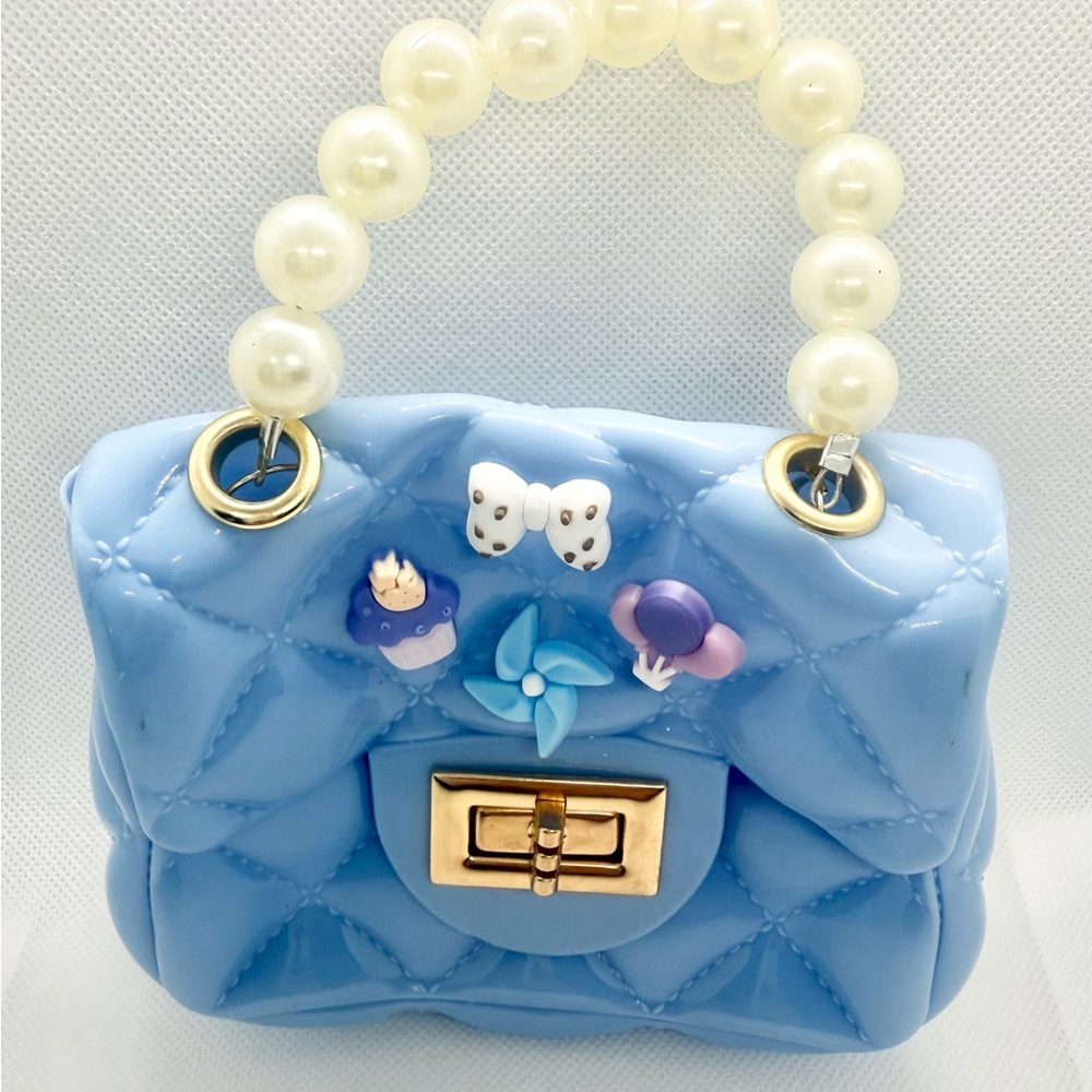 Blue and White Quilted Bag with Pearl Embellishments